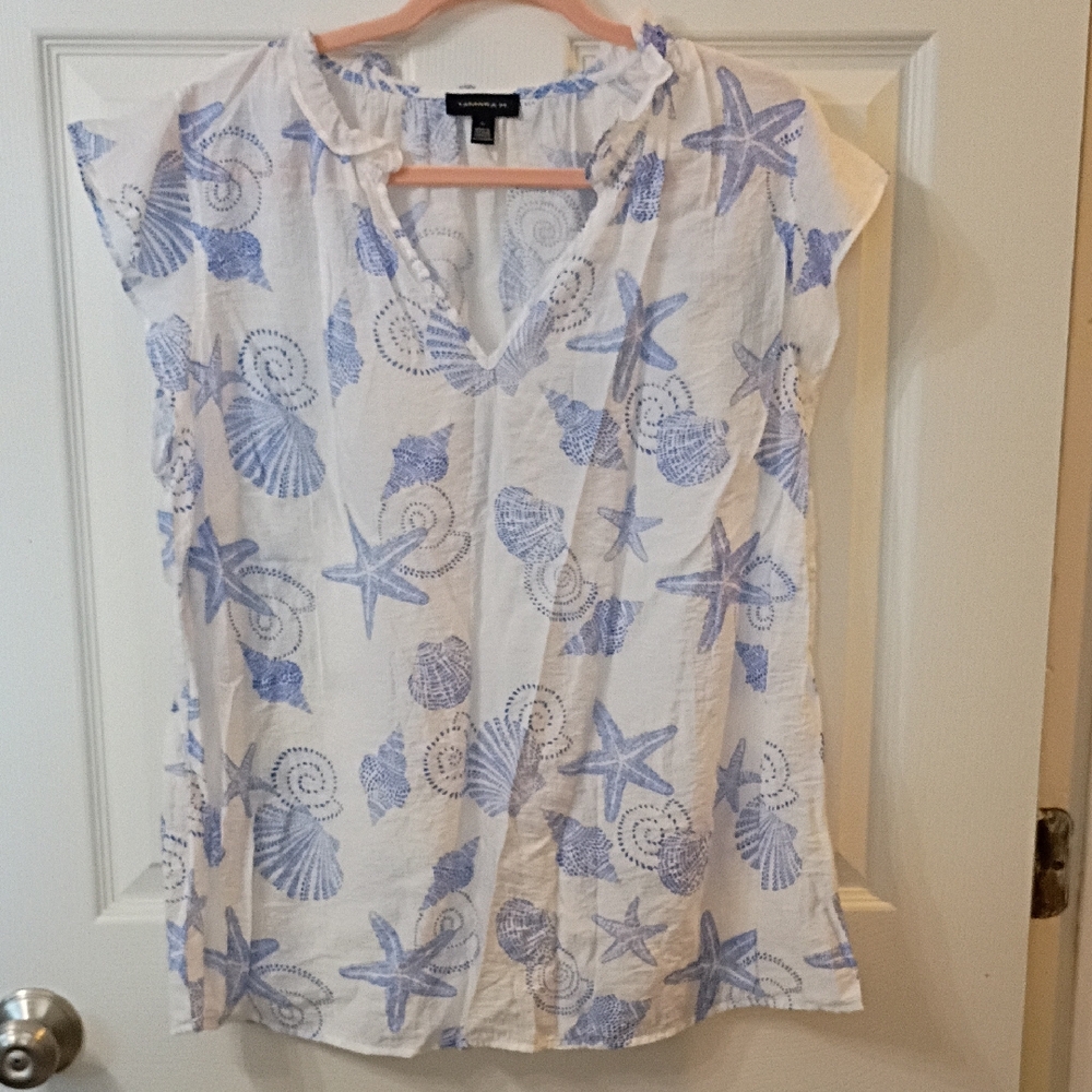 Casual Seashell Print Cap-Sleeve Blouse - Blue/White